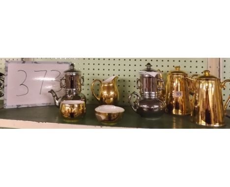 ROYAL WORCESTER GILT COFFEE POT, WATER JUG, SUGAR BASIN ETC &amp; SIMILAR LUSTER COFFEE PERCOLATORS