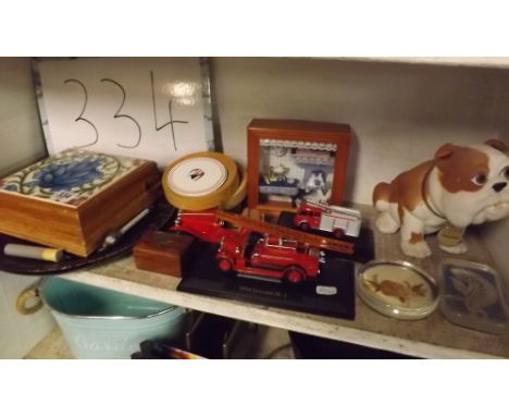 SHELF OF MODEL FIRE ENGINES, TILES, 3D BOX DISPLAY ETC