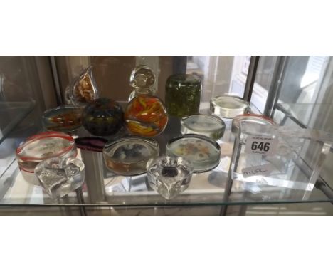 SHELF OF VARIOUS GLASS PAPERWEIGHTS