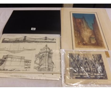 A FOLDER CONTAINING  ARCHITECTURAL ENGRAVINGS &amp; A CONTINENTAL COLOURED ENGRAVING