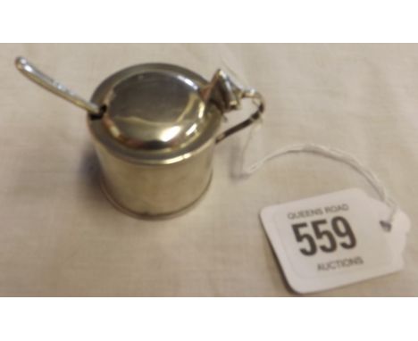 A SMALL SILVER MUSTARD POT WITH SPOON &amp; LINER - B'HAM 193?