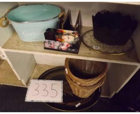TWO WICKER BASKETS, GALLERY TRAY, GARDEN PLANTER &amp; LETTER RACKS ETC