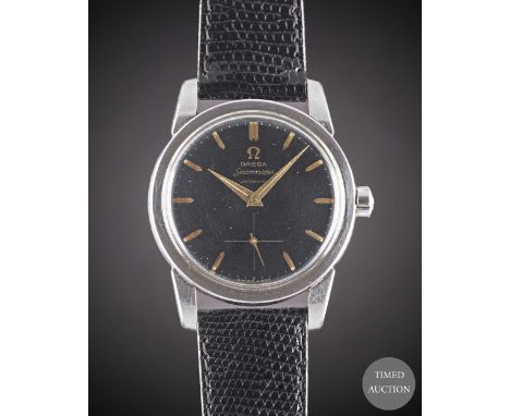 A GENTLEMAN'S STAINLESS STEEL OMEGA SEAMASTER AUTOMATIC WRIST WATCH
CIRCA 1956, REF. 2846 / 2848 6 SC WITH GLOSS BLACK GILT D