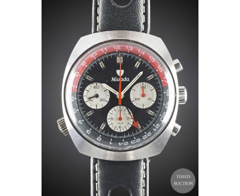 A GENTLEMAN'S NIVADA GMT "COKE" CHRONOGRAPH WRIST WATCH
CIRCA 1970, REF. 5750
Movement:&nbsp;17J, manual wind, signed Nivada,
