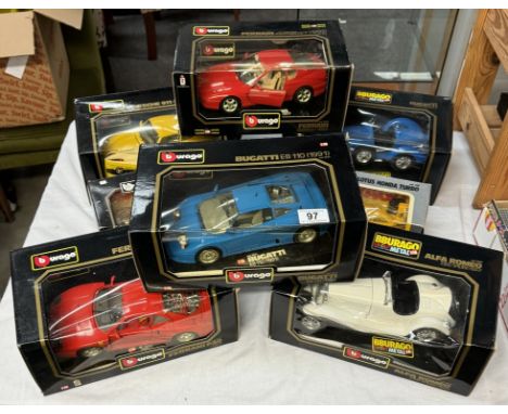 8 Boxed Burago 1/18 &amp; 1/24 scale including Lotus, Honda, Bugatti, Ferrari etc