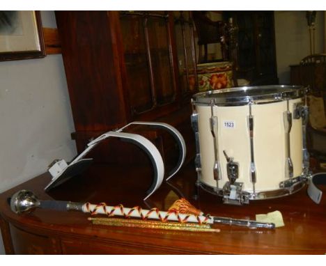 A Pearl 14" marching percussion snare drum serial No.960078 with carrier and drum major mace, COLLECT ONLY