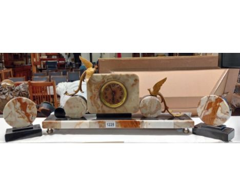 An art deco marble clock with side pieces COLLECT ONLY