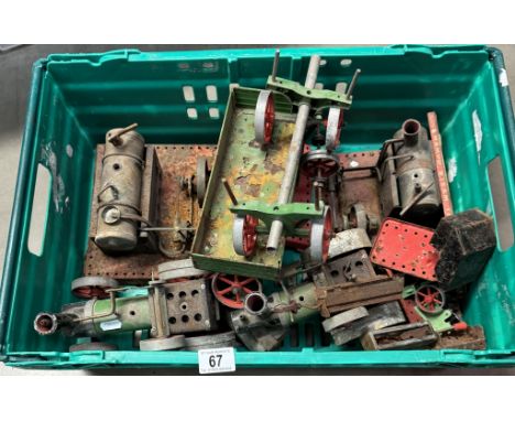 A large box of used Mamod stationary and roller steam engines with workshop tools