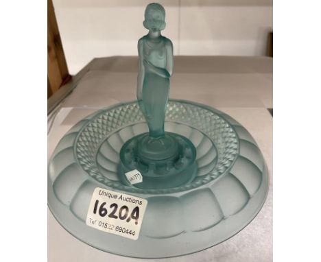 A good blue art glass table centre piece featuring a lady,