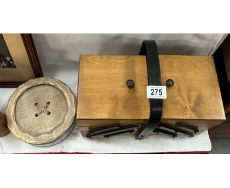 A vintage concertina sewing box and contents and a button box containing buttons