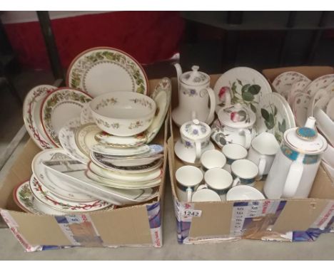 2 boxes of plates, cups, saucers &amp; teapot by Wedgwood, Spode &amp; Roy Kirkham 'Elizabethan' etc.