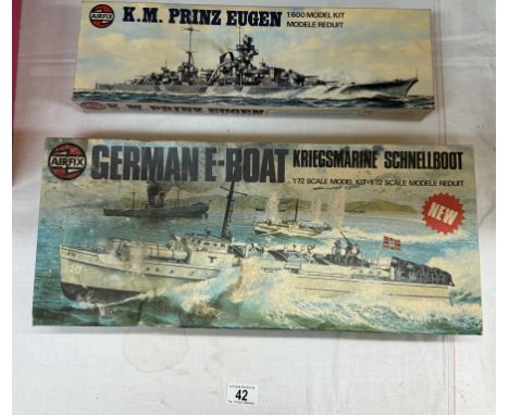 2 Vintage Airfix German battleship model kits 1/72 &amp; 1/600 scale E-Boat &amp; K.M Prinz Eugen