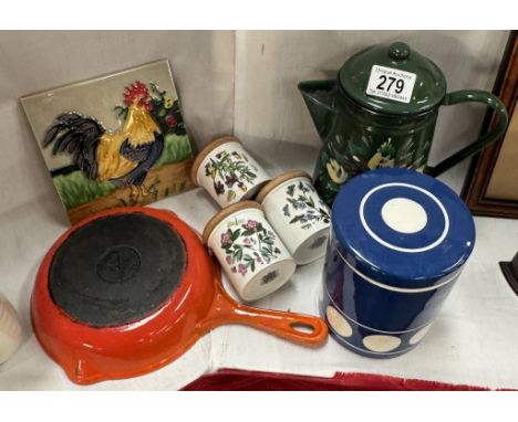 Mixed lot, Le Cruset pan, barge ware teapot, TG Green Channel Islands jersey blue design by Judith Onions RCA cannister, 3 Po