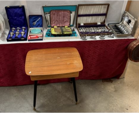 A vintage cutlery table with cutlery &amp; Large quantity of cutlery sets etc. COLLECT ONLY.