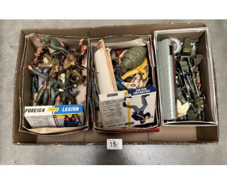 3 Boxes of soldiers etc including Marx 5'' man from Uncle Cards, Invisible ink etc