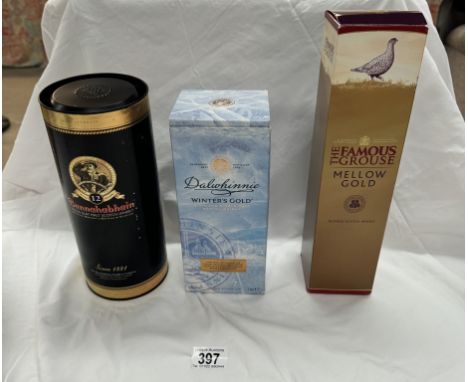 3 bottles of Scotch whiskey, A famous Grouse mellow gold, A Dalwhinnie winters gold &amp; a Bunnahabhan single slay malt (all
