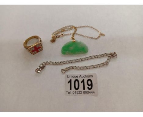 A 9ct gold chain with jade/jadeite pendant - total weight 6.8gms, approximate weight of gold 2gms, silver chain 6.35gms silve