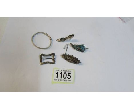 A 19th century enameled brooch 'Edith' hallmarked Birmingham, 2 other vintage silver brooches and a silver child's gold front