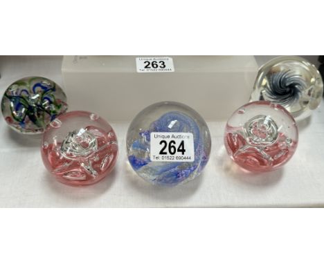 5 glass paperweights including Caithness
