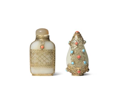 TWO CHINESE PALE CELADON JADE FILIGREE-MOUNTED SNUFF BOTTLES QING DYNASTY One of flattened rectangular form, embellished with