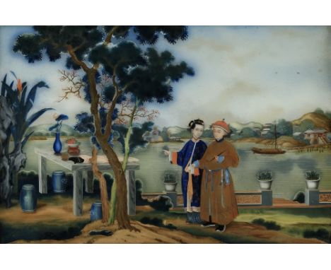 A SET OF FOUR CHINESE REVERSE GLASS PAINTINGS 18TH CENTURY Each depicting two figures relaxing in a tranquil garden by a rive