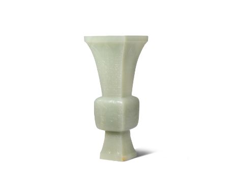 A CHINESE CELADON JADE SQUARE-SECTION VASE, FANGGU QING DYNASTY The central protruding section raised on a splayed foot and s