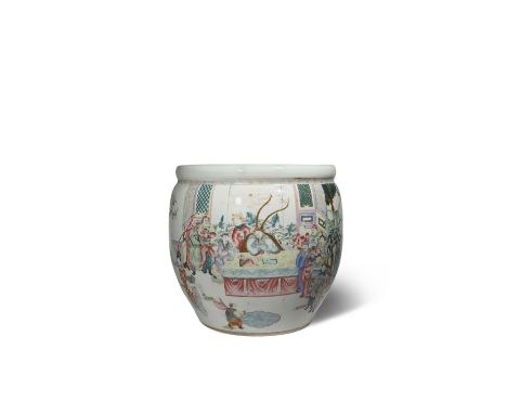 A MASSIVE CHINESE FAMILLE ROSE FISH BOWL 19TH CENTURY The ovoid body painted with a scene of heavenly generals meeting around