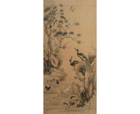 HE CHONG (1807-1883) BIRDS PAYING HOMMAGE TO THEIR KING Three Chinese paintings, ink and colour on silk, one inscribed and si