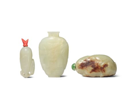 THREE CHINESE CELADON JADE SNUFF BOTTLES QING DYNASTY One of flattened oval form, carved in shallow relief with elephants abo