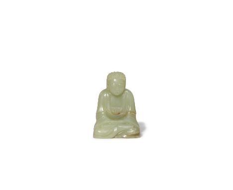 A CHINESE CELADON JADE CARVING OF BUDDHA QING DYNASTY The figure depicted seated in dhyanasana with his hands in dhyana mudra