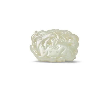 A CHINESE CELADON JADE 'DEER AND BAT' OPENWORK PENDANT QIANLONG 1736-95 Of flattened form, carved with a recumbent ram gazing