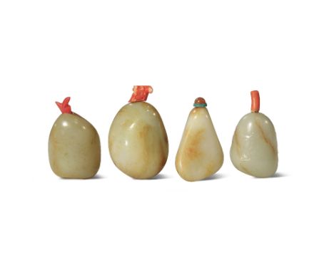 FOUR CHINESE PALE CELADON JADE PEBBLE SNUFF BOTTLES QING DYNASTY Each well-polished and naturalistically formed keeping the i