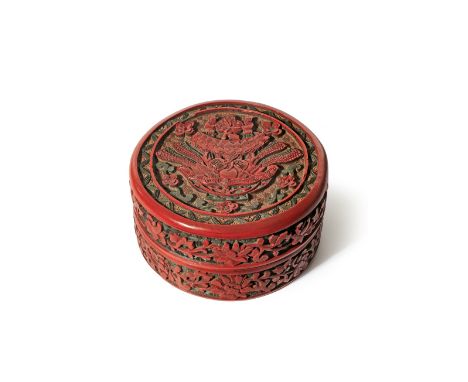 A CHINESE THREE-COLOUR CINNABAR LACQUER CIRCULAR BOX AND COVER QING DYNASTY The cover decorated in relief with two attendants