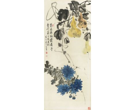 CHEN BANDING (1876-1970) CHRYSANTHEMUM AND DOUBLE GOURDS A Chinese scroll painting, ink and colour on paper, inscribed and si