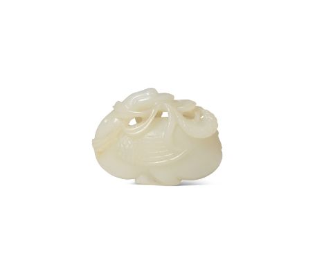 A CHINESE WHITE JADE CARVING OF A GOOSE 17TH/18TH CENTURY Formed as a seated goose with its head turned back, holding millet 