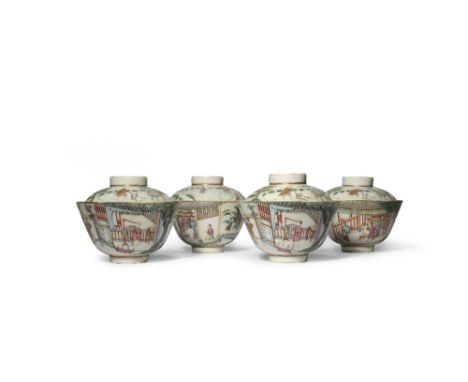 A SET OF FOUR CHINESE FAMILLE ROSE BOWLS AND COVERS 19TH CENTURY Decorated with figures engaged in various agricultural activ