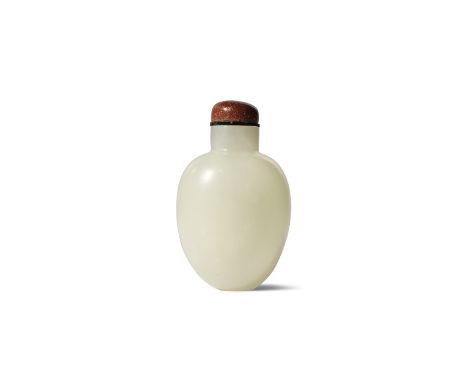 A CHINESE WHITE JADE OVOID SNUFF BOTTLE QIANLONG 1736-95 Tapering towards the foot and with a recessed base, the body surmoun