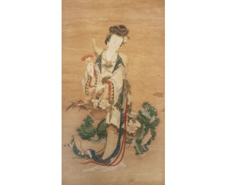 ANONYMOUS (QING DYNASTY) PORTRAIT OF MAGU A Chinese scroll painting, ink and colour on paper, 88cm x 50cm.佚名（清）  麻姑獻壽  設色紙本  