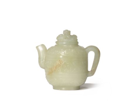 A MINIATURE CHINESE PALE CELADON JADE EWER AND COVER LATE QING DYNASTY Decorated in low relief with archaistic designs and my