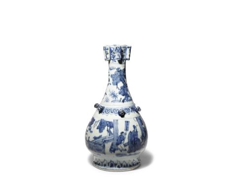 A CHINESE BLUE AND WHITE BOTTLE VASE WANLI 1573-1620 The pear-shaped body painted with a continuous scene depicting officials