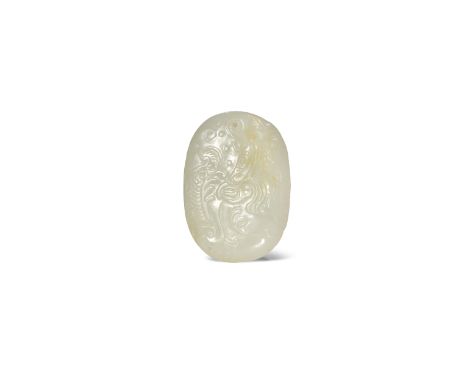 A CHINESE WHITE JADE OVAL PENDANT QING DYNASTY Carved in shallow relief with mythical creatures and lingzhi, one end with a s