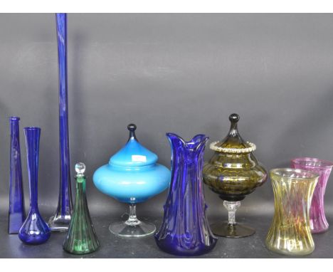 A collection of vintage retro mid 20th century art studio glass ware to include four large Bristol blue glass style vases, tw