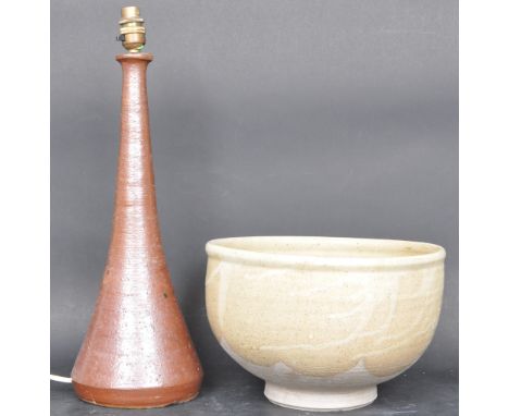 A retro vintage mid 20th century studio art pottery lamp of tapering form having textured decoration together with a large st