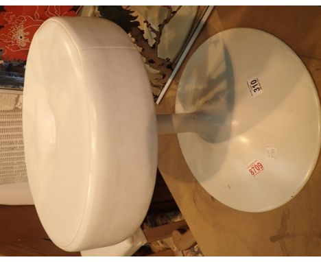 Circular low stool white metal base with white vinyl covered top D: 40 cm H: 44 cm and a rectangular portrait mirror with sil