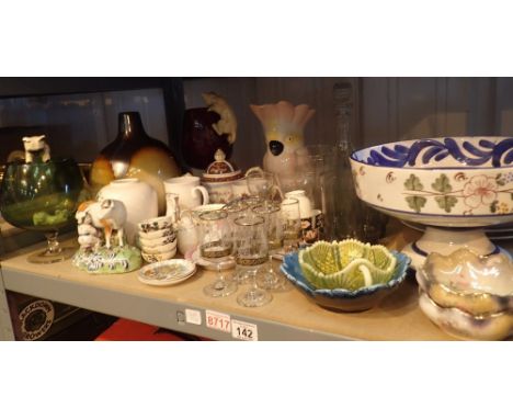 Shelf of mixed ceramics and glassware vases ornaments plates bowls etc