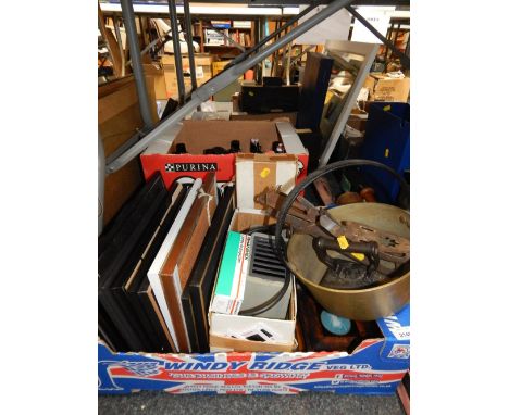 Pictures and prints, brass jam pan, beer bottles, bottles, iron, ice skates, projector, etc. (2 boxes)