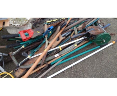 A group of gardening tools, push along mower, hanging rack, step stools, rakes, etc. (a quantity)