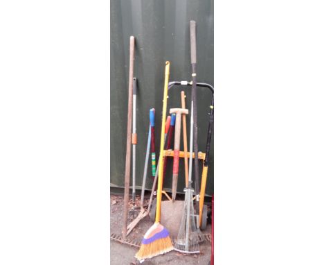 A group of gardening tools, rakes, sack barrows, brushes, etc. (a quantity)