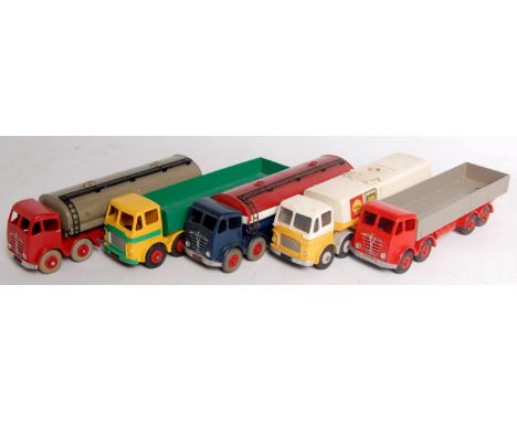 Dinky Toys Leyland Octopus and Foden repainted and playworn diecast group, 5 examples to include Leyland Octopus BP tanker (F