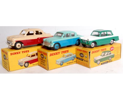 Dinky Toys boxed diecast group to include No. 189 Triumph Herald in green and white (VG-BG), No. 166 Sunbeam Rapier Saloon wi